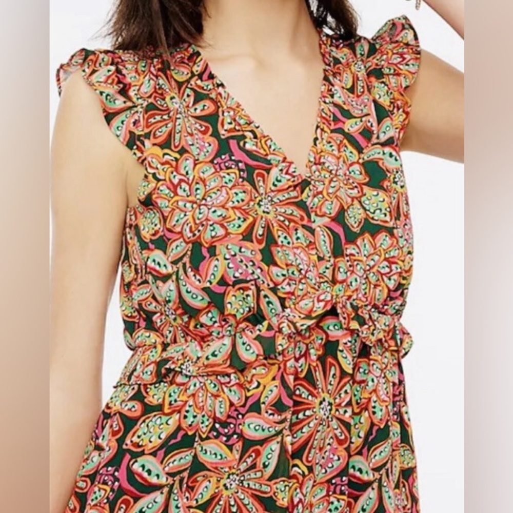 J. CREW Ruffle V-Neck Mini Dress Tropical Floral Print Size 2 - Picture 2 of 14